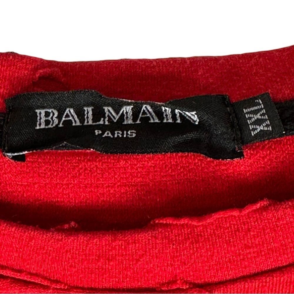 Balmain Paris 100% Cotton Solid Red Long Sleeve Distressed Crew Sweater Size XXL - Picture 3 of 7
